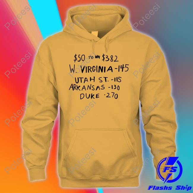$50 To Win $382 W. Virginia -145 Utah St.- 115 Arkansas-110 Duke -270 Hoodied Sweatshirt